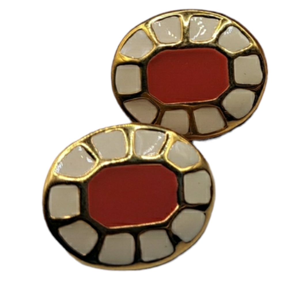 Vintage 80s Enameled Red and White Button Pierced Earrings